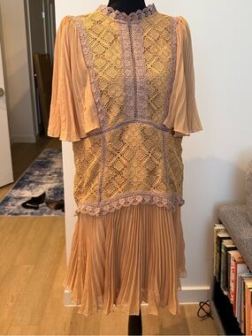 ASOS Peach Lace & Pleated Drop-Waist Dress - Size 14